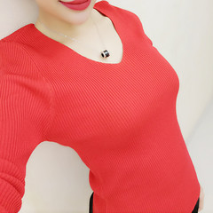 针织衫女2016秋冬新款T恤上衣韩版纯色V领套头长袖修身针织打底衫
