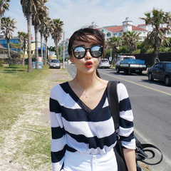 2016春秋新款 韩版黑白条纹V领针织衫女宽松长袖套头毛衣防晒罩衫