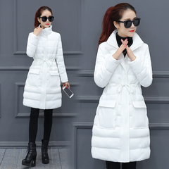 2016冬季新款棉衣女中长款修身显瘦系带长袖加厚韩版纯色棉服外套