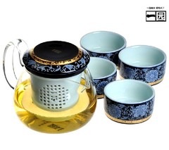 包邮 香港一园茶具国色天香五入茶具套装 耐热玻璃/陶瓷完美组合