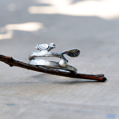 艺圃手工雕刻小鸟纯银戒指女款开口可调节个性正品森女原创设计