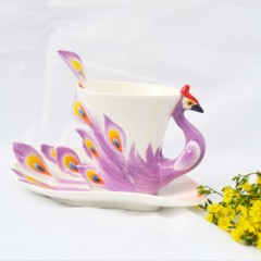 3D手绘陶瓷创意孔雀骨瓷咖啡杯碟勺情人节对杯子结婚庆生日礼物品