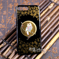 日本进口iphone7plus手机保护套 漆器手绘猫头鹰图 iphone7plus壳