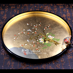 日本进口 日本金银箔漆器29.8cm寤鸟图托盘 日式茶盘 手制托盘