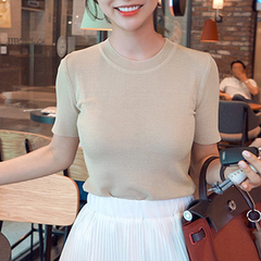 新款2016夏季薄款韩版修身半高领短袖针织衫女时尚圆领套头打底衫