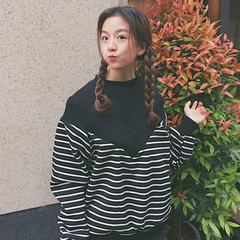 2016秋冬女装新款韩版条纹拼接假两件加绒加厚卫衣学生外套学生潮