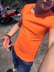 精神社会小伙短袖t恤衫男韩版简单修身欧美 纯色紧身橙色男装上衣