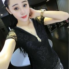 2017春夏装新款韩版性感V领t恤衫女式蕾丝体恤修身短袖上衣打底衫