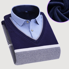 冬季男士加绒针织衫韩版假两件保暖衬衫领青年修身毛衣套头衬衣潮