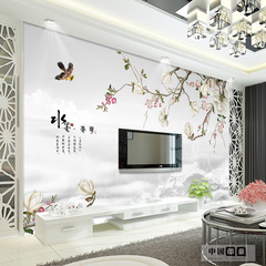 现代中式壁纸客厅3d无纺布电视背景墙纸无缝大型壁画手绘玉兰花鸟