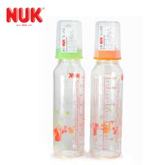 NUK标准口径230ml彩色耐高温玻璃奶瓶2号中圆孔6个月以上硅胶奶嘴