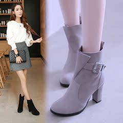 2016韩版新款女短靴裸靴女鞋秋鞋单靴棉鞋高跟粗跟短筒牛皮马丁靴