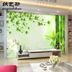 3d立体电视背景墙壁纸现代简约绿色客厅影视壁画 百合花竹子墙纸