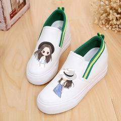 韩版女学生白色低帮休闲松糕跟厚底内增高涂鸦帆布鞋一脚蹬懒人鞋
