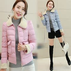 2016冬新款韩版短款羽绒棉服女修身长袖羊羔绒毛领棉衣小棉袄外套