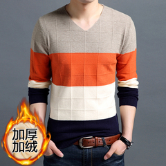 秋冬季新款毛衣男V领韩版学生修身套头打底加厚加绒针织羊毛衫潮