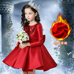 韩版2016冬装新款女童加绒加厚连衣裙儿童装红色演出礼服公主裙子