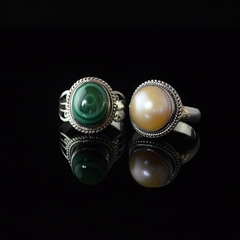 尼泊尔纯手工s925银镶嵌孔雀石戒指特价孤品珍珠戒指原创设计复古