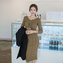 2016秋冬季新款韩版女装V领长袖毛衣加厚修身包臀开叉打底连衣裙