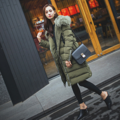 2016新款韩国冬装外套女 大毛领过膝军绿色棉服 中长款修身棉衣潮