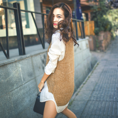 2016秋冬韩版女装薄针织衫套头宽松衬衫毛衣两件套马甲背心中长款