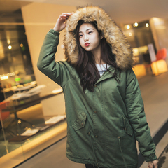 2016冬季新款韩版棉衣 大毛领学生棉服女 军绿色宽松羊羔绒外套潮