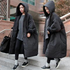 韩国冬季新款黑色连帽过膝棉衣女中长款韩版宽松大码加厚棉服外套