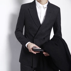 英伦韩国东大门修身双排扣西服男条纹套装商务男士西装套装三件