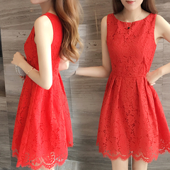 裙子2016时尚新款韩版高腰修身无袖红色蕾丝连衣裙公主蓬蓬裙短裙