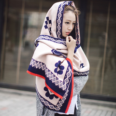 韩版花朵图案双面仿羊绒围巾冬季女士长款加厚披肩多功能保暖围脖