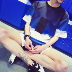 韩版2016夏装新款男士套装T恤 潮流星空男装配套连体夏季TEE短袖
