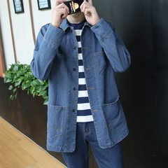 2016新款韩版男士牛仔外套保暖修身复古休闲中长款牛仔风衣夹克潮