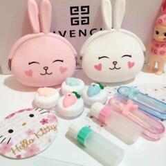 【包邮】新品韩国可爱萌兔硅胶零钱包隐形眼镜盒双联合套装伴侣盒