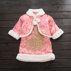 2016新款童装秋冬装儿童女童中国风孔雀旗袍披肩两件套裙