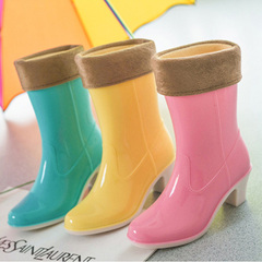 新款时尚韩系糖果色中筒雨鞋女高跟防水女鞋雨靴水靴 棉套可脱卸