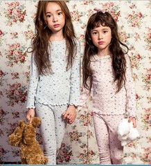 韩版冬款女童纯棉加厚坑条碎花家居服 儿童睡衣秋衣秋裤套装