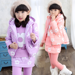 儿童冬装套装女加厚加绒2016新款童装冬款女孩韩版卫衣三件套棉衣