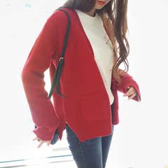 现货新款特惠cherrykoko韩国代购女装秋红色开襟针织衫OC171601