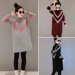 韩版2016秋冬装新款女装显瘦长袖中长款针织套头毛衣打底裙连衣裙