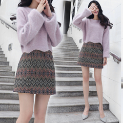 2016冬季新款女装韩版高腰显瘦兔毛毛衣针织套装裙两件套连衣裙女