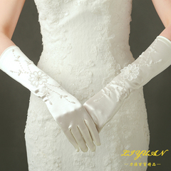 力源新娘手套婚纱手套长款韩版结婚礼服演出米色高档弹性缎面