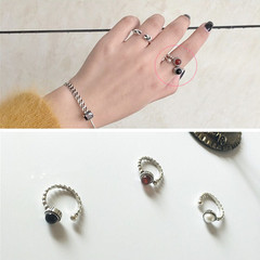韩国定制正品S925纯银复古做旧黑玛瑙天然珍珠开口戒指环百搭气质