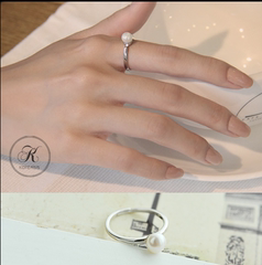 日韩S925纯银线条单颗天然淡水珍珠开口戒指女关节戒食指戒女