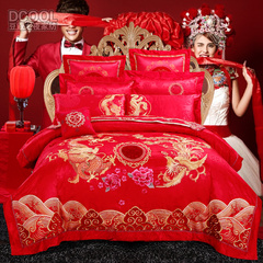 古典婚庆四件套全棉贡缎刺绣结婚床上用品大红绣花床盖六八件套