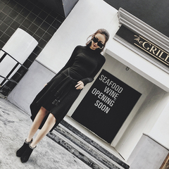 2016新款韩版修身针织连衣裙秋冬中长款高腰手工钉珠黑色打底裙