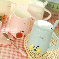 创意陶瓷马克杯复古单车水果杯子带盖勺可爱牛奶早餐杯情侣咖啡杯
