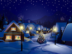 海报夜晚圣诞节卡通素材EPS/ai矢量图雪景素材雪屋圣诞树下雪街道