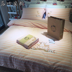 日式水洗棉四件套纯色刺绣花 针织全棉被套床单1.5/1.8m床品套件