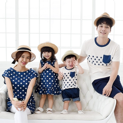 韩国亲子装夏装母子母女蓝色波点短袖T恤荷叶边连衣裙父女全家装