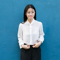 听文新款韩版系带百搭休闲清新白色立领宽松长袖雪纺衬衫衬衣女士